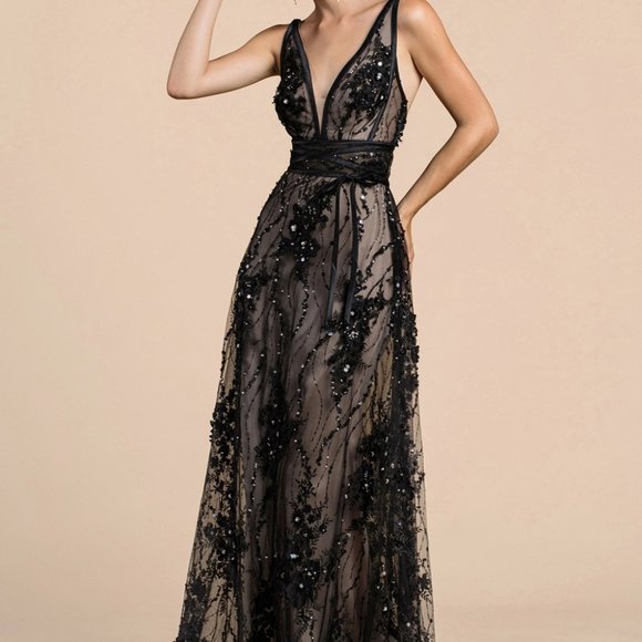 Black/Nude V-Neck Beaded Evening open back Party Prom Dress Gown CD0464 - Picture 3 of 6